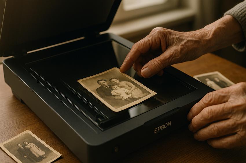 High-resolution photo scanning process capturing every detail of an original vintage photograph before restoration begins