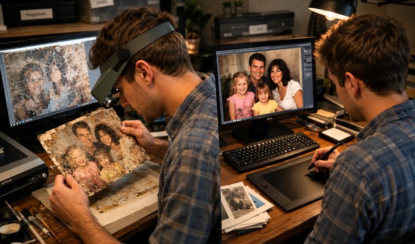 Photo restoration specialist examining water damaged family photograph at digital workstation