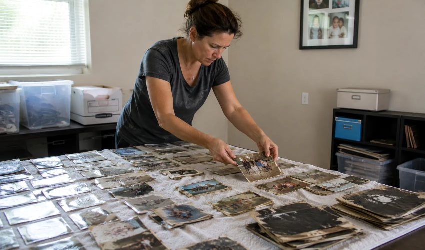 Woman organizing water damaged vintage family photographs on table during restoration