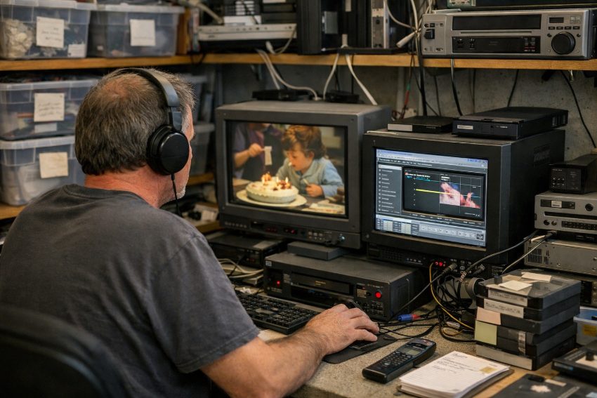 Professional VHS digitization workstation with playback deck and digital capture equipment
