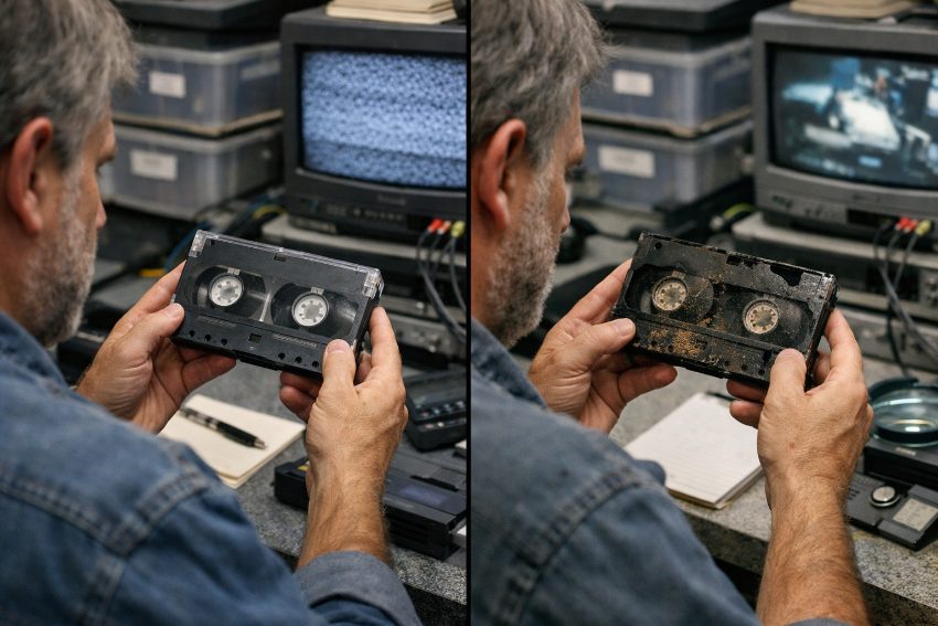 Side-by-side comparison of clean VHS tape versus tape with oxide shedding