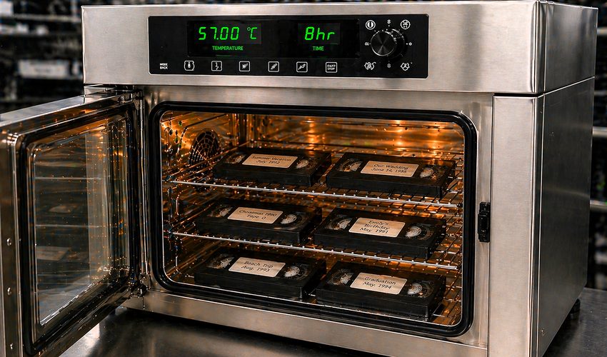 Laboratory oven with VHS tapes arranged on racks inside used for tape baking preservation