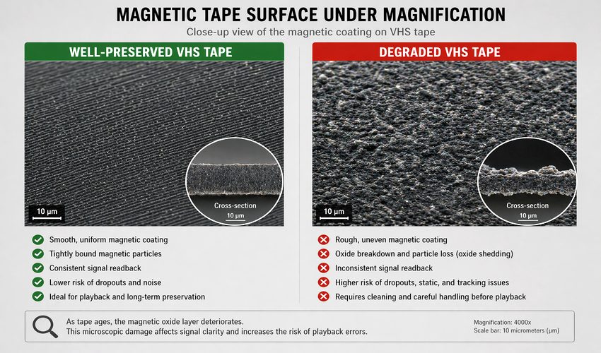 Macro photograph of magnetic tape surface showing intact oxide coating versus flaking deteriorated surface