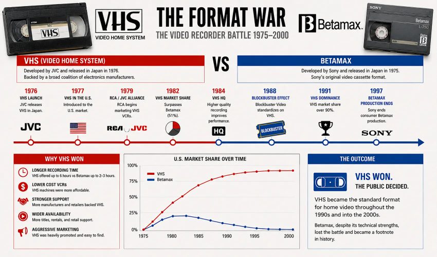 VHS versus Betamax format war timeline showing market share competition