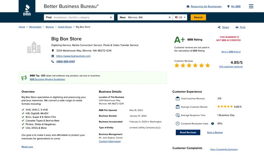 BBB profile grades for Legacybox Southtree and iMemories showing letter rating and customer star reviews