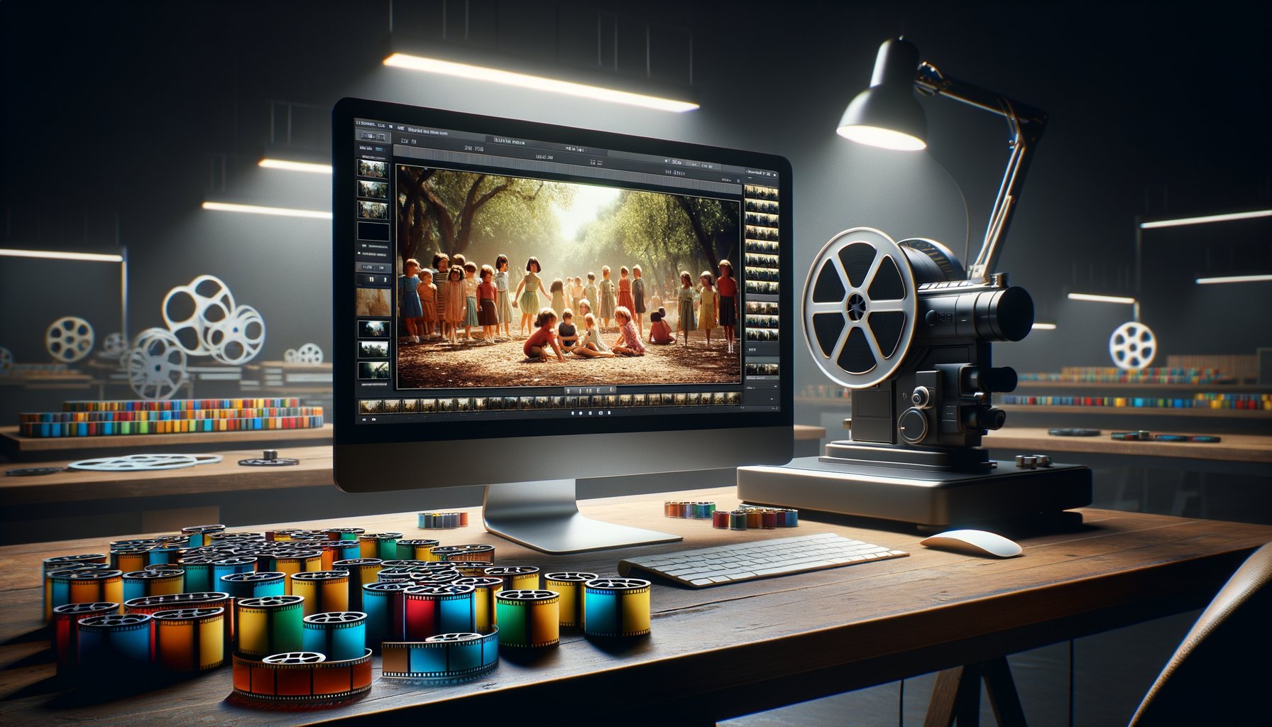 Digitized 8mm film frames displayed on a modern monitor showing vibrant restored family footage on a professional workstation with film scanner