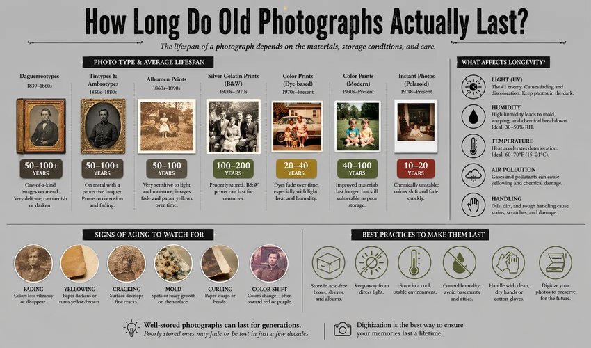 Diagram of how UV light, humidity, and acidic materials cause photo prints to fade and yellow