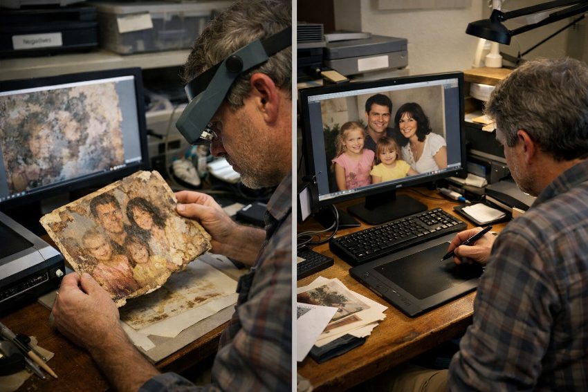 Before and after comparison of water-damaged family photo professionally restored near-original quality