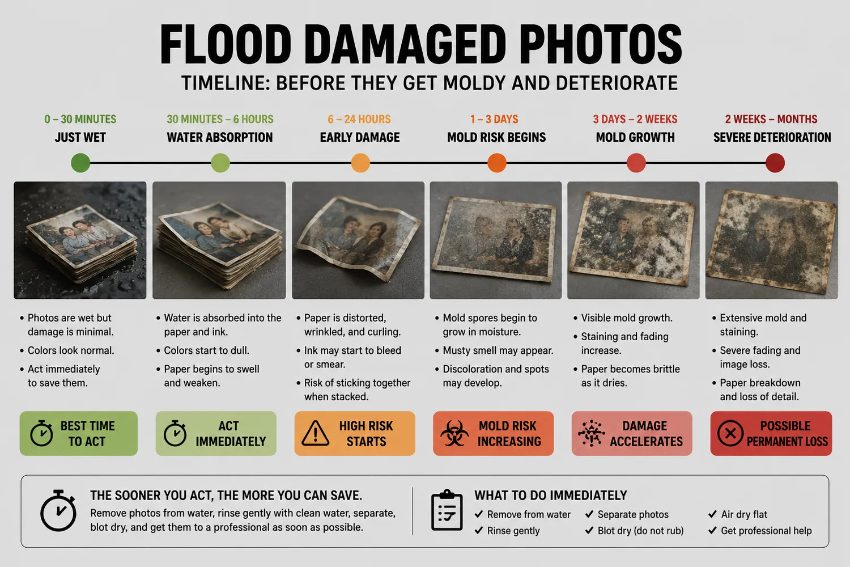 Timeline showing flood damaged photos progression from wet to mold deterioration