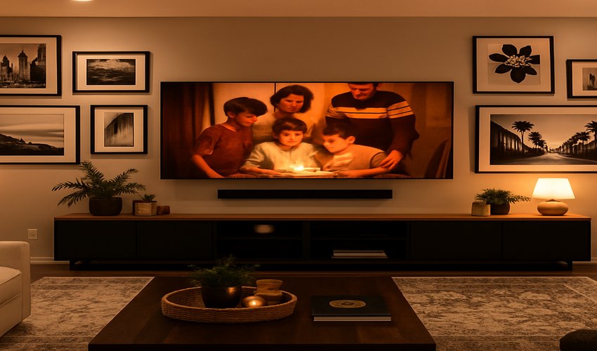 Living room wall display of framed family photos with a small screen playing digitized home video