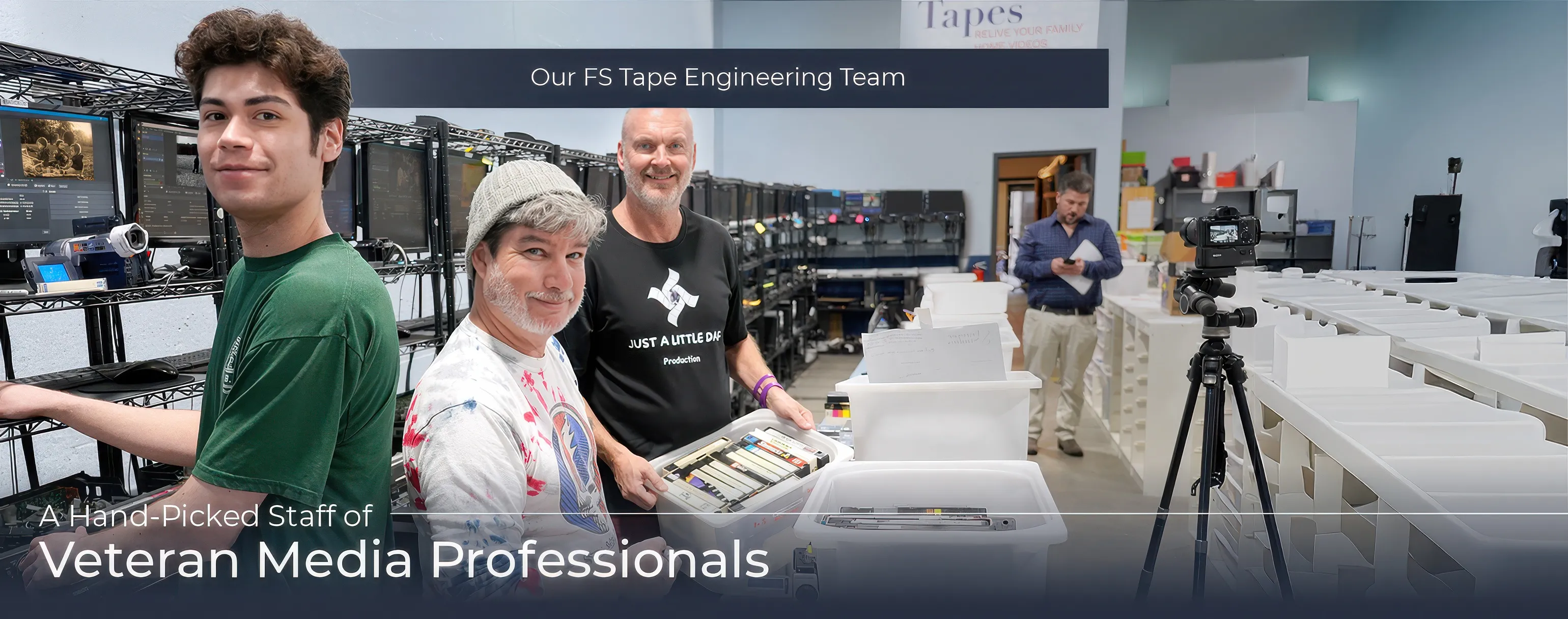 The Forever Studios tape engineering team in the Boca Raton lab with a bin of customer tapes