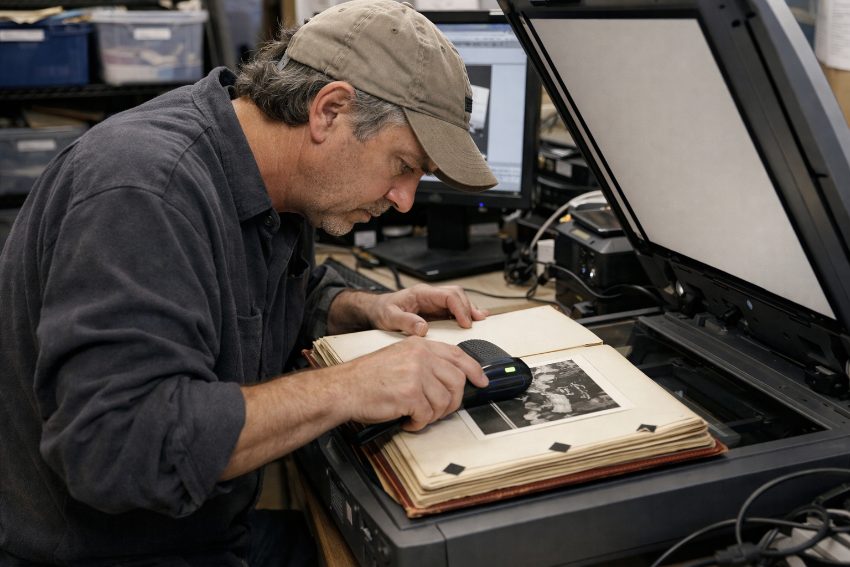 Technician hand-scanning a photograph from a bound album without removing the print