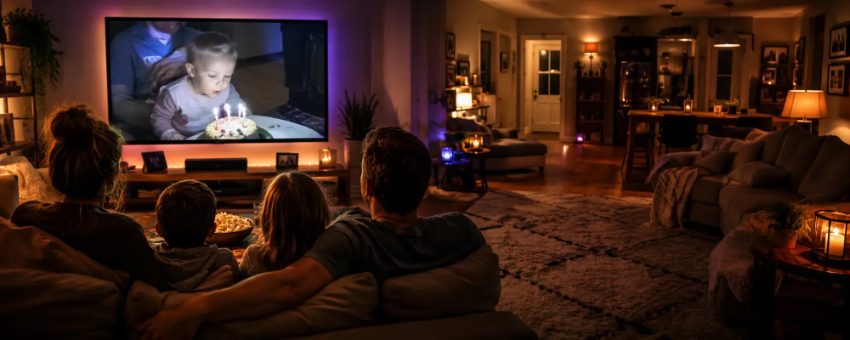 Family enjoying digitized home movie on living room television screen