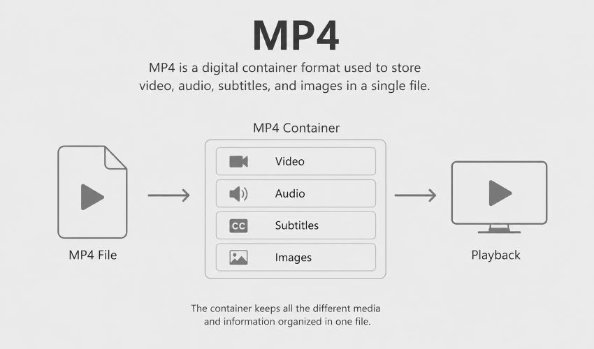 Diagram showing MP4 container format with video audio subtitle components