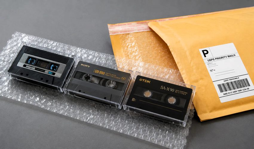 Cassette tapes wrapped in protective bubble wrap before shipping for digitization