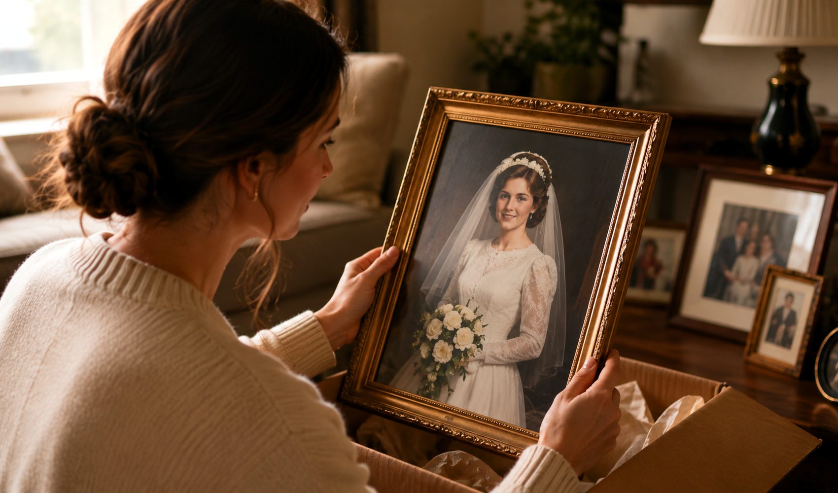 Customer admiring her professionally restored vintage wedding portrait in a gilded frame from Forever Studios