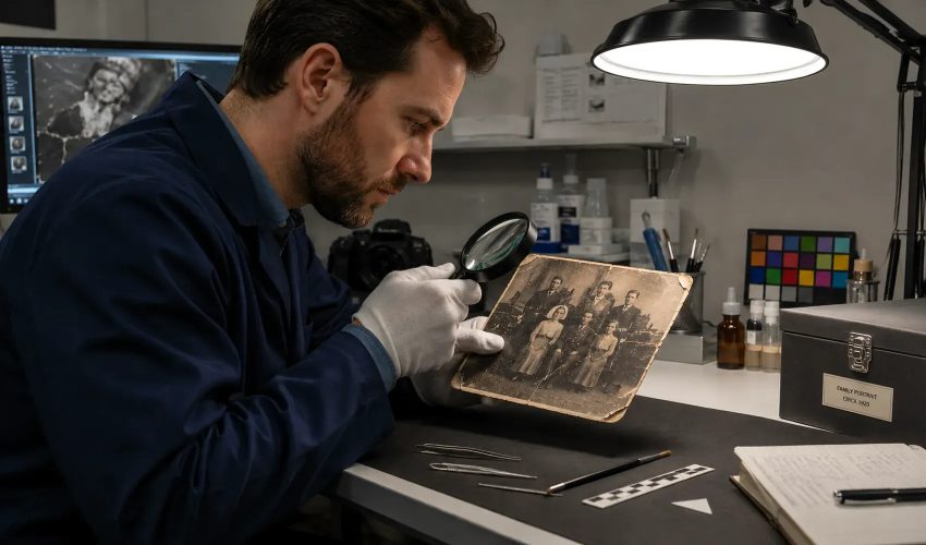 Technician comparing original damaged photo to restored digital version on dual monitors