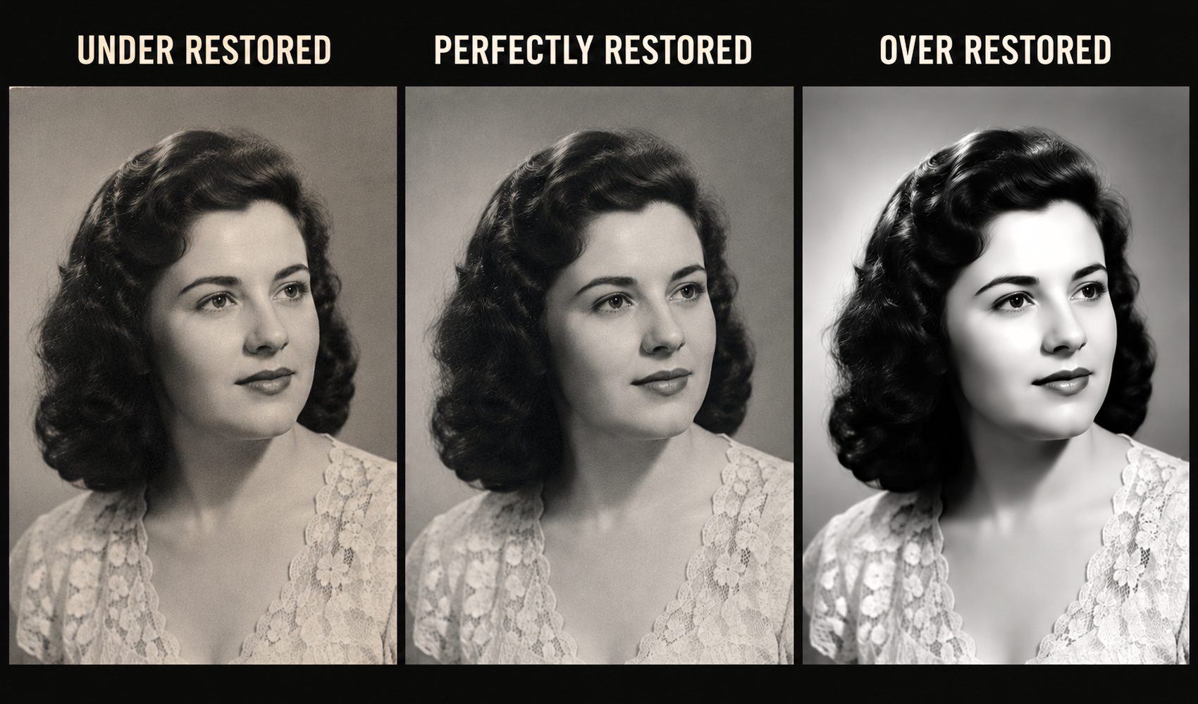 Side-by-side comparison of under restored, perfectly restored, and over restored versions of the same 1940s portrait