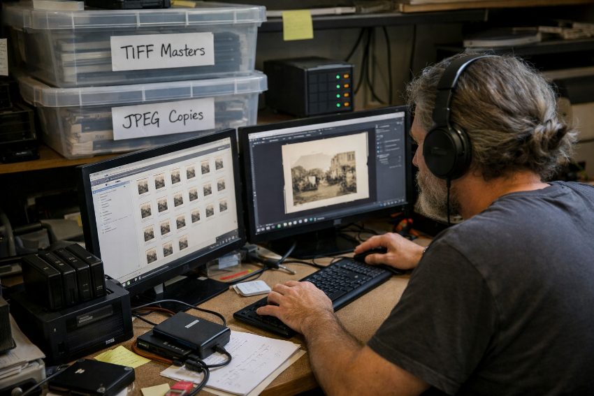 Two-tier preservation workflow TIFF archival masters on backup drives JPEG copies for daily sharing