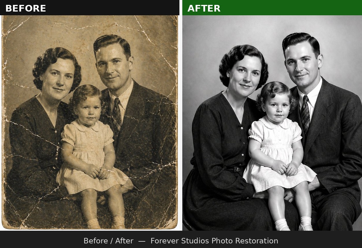 Before and after photo restoration comparison, same family portrait, damaged original versus professionally restored version by Forever Studios