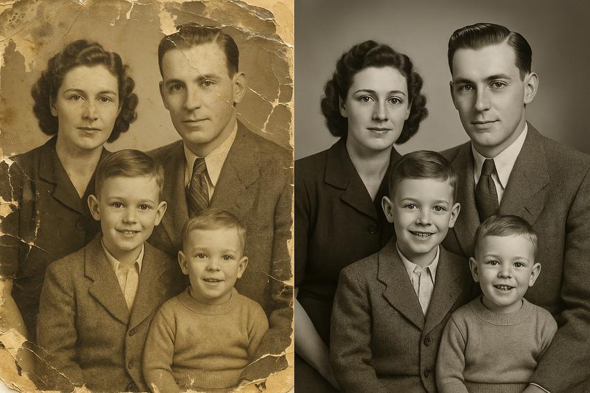 Before and after comparison of a professionally restored vintage photograph showing careful preservation of original details