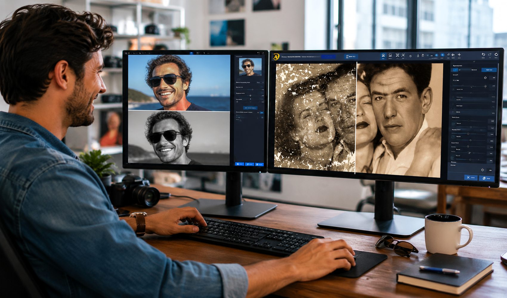 Forever Studios photo restoration specialist working on damaged vintage portraits at a dual monitor editing workstation