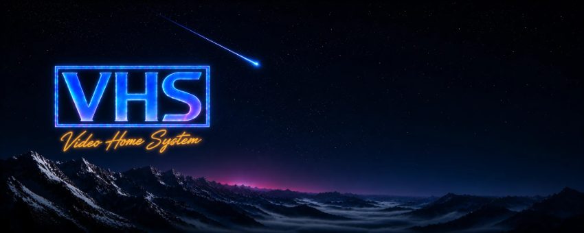 VHS Video Home System logo glowing against starry night sky