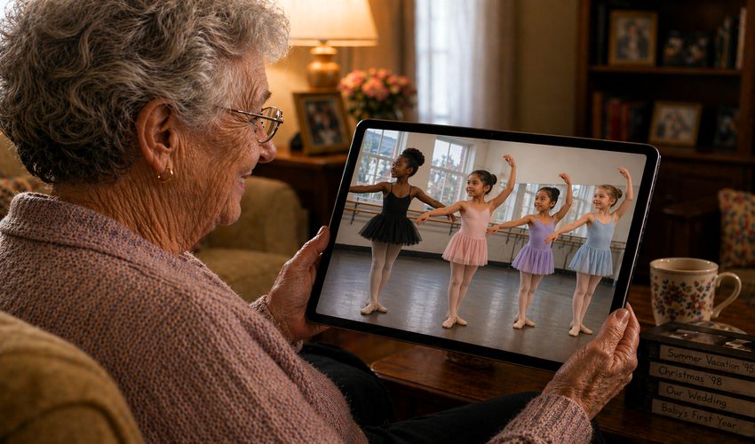 Elderly woman looking at laptop screen showing digitized home video footage of her younger self with family