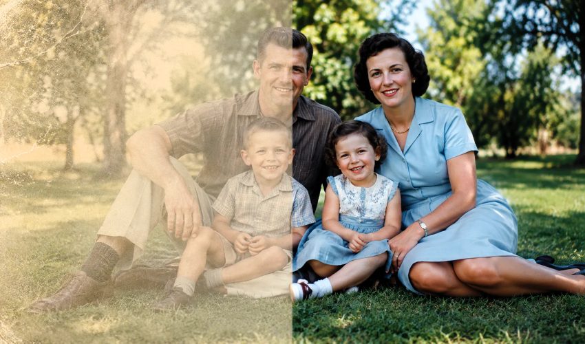 Faded 1950s family portrait before and after AI color correction showing contrast improvement
