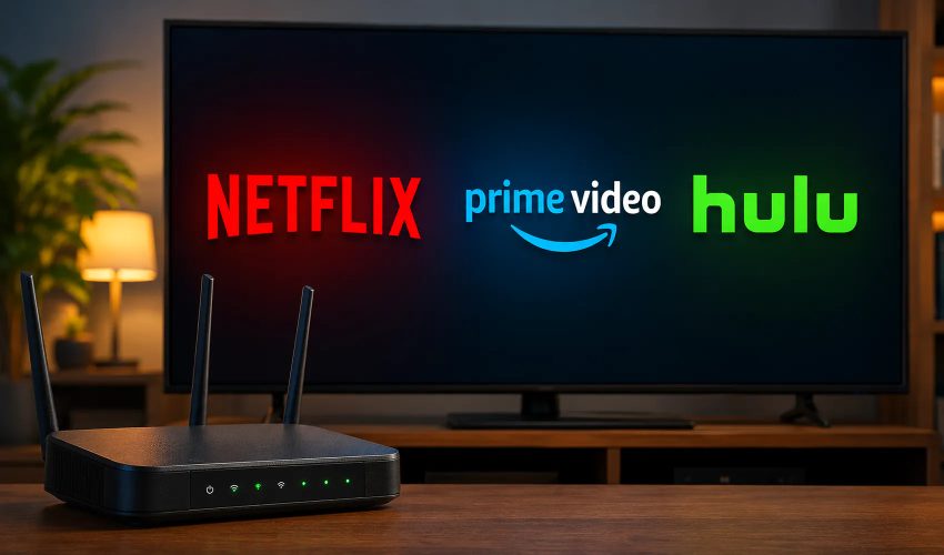 Television screen displaying Netflix Prime Video and Hulu streaming service logos