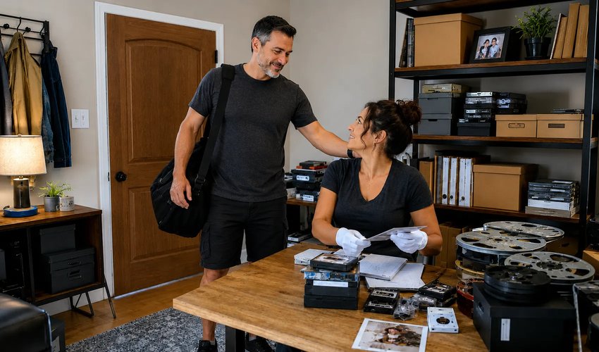 Forever Studios team digitizing family tapes, film, and photos in the Boca Raton studio