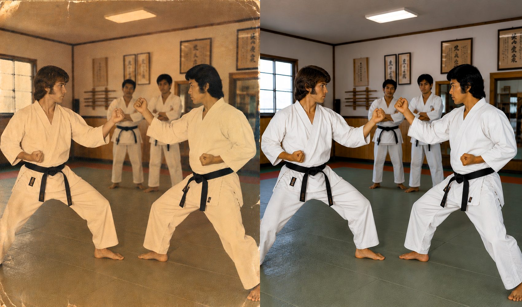 Karate dojo group photo restored from faded vintage print to vibrant digital image by Forever Studios