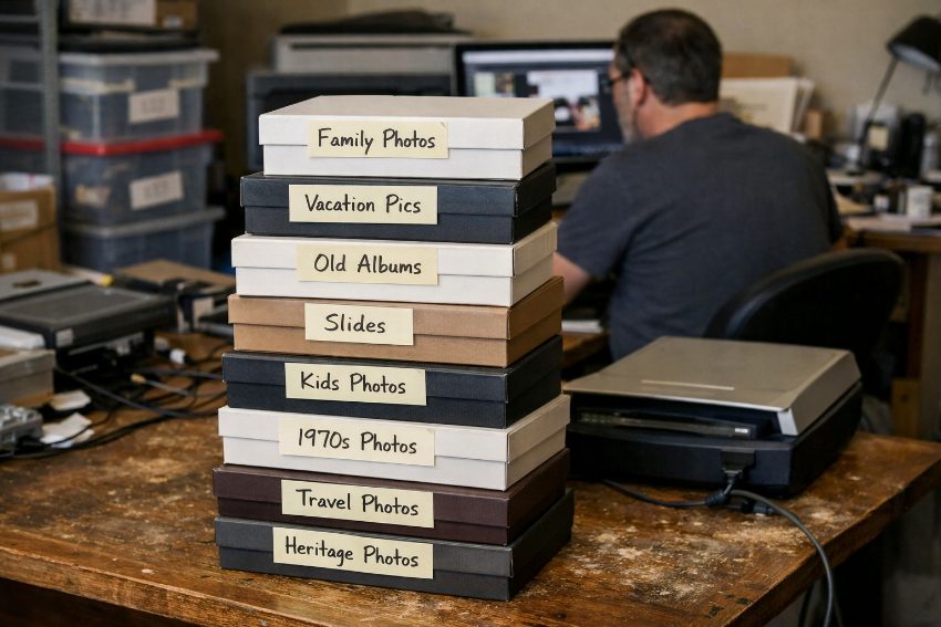 Stack of labeled photo boxes ready for shipment to scanning service