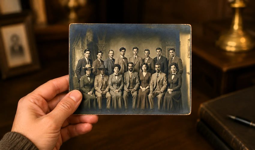 Hand holding Victorian-era carte de visite family portrait with visible surface cracks and fading