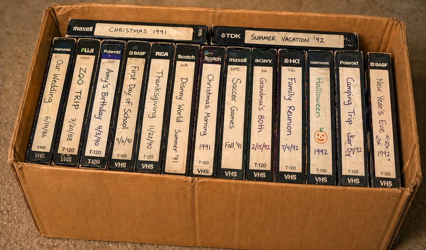 Stack of aging VHS tapes with handwritten labels sitting on a closet shelf next to shoeboxes