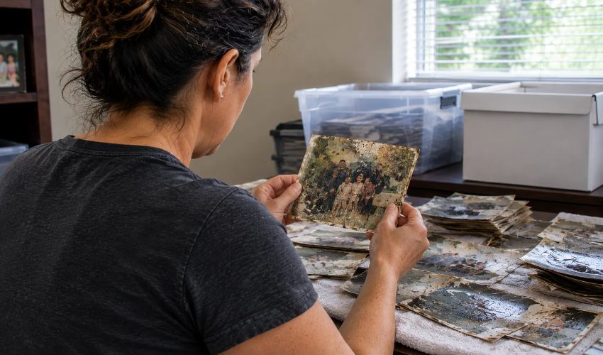 Woman examining water damaged family photo during restoration process at home