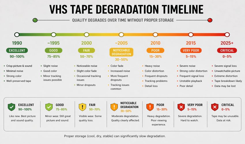 VHS tape degradation timeline infographic showing signal loss from 1990 to 2026 with critical zone marker