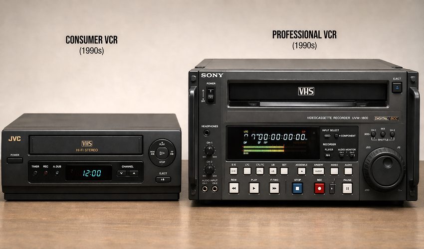 Split comparison of consumer VCR with tracking issues versus professional playback deck with clean signal