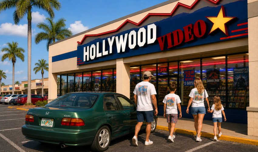 Family walking toward Hollywood Video store entrance in sunny parking lot
