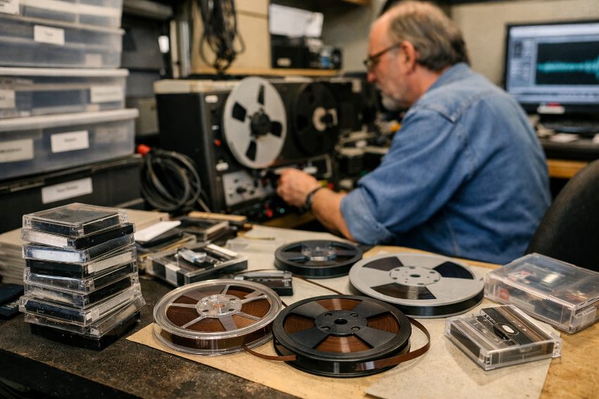 Compact audio cassette tapes and reel-to-reel audio tapes showing magnetic media formats
