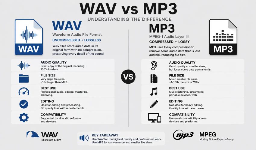 WAV versus MP3 file format comparison: compression levels and quality retention