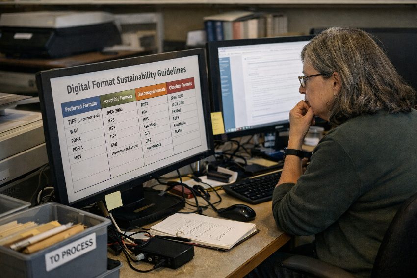 Library of Congress digital format sustainability guidelines chart with TIFF listed as preferred format