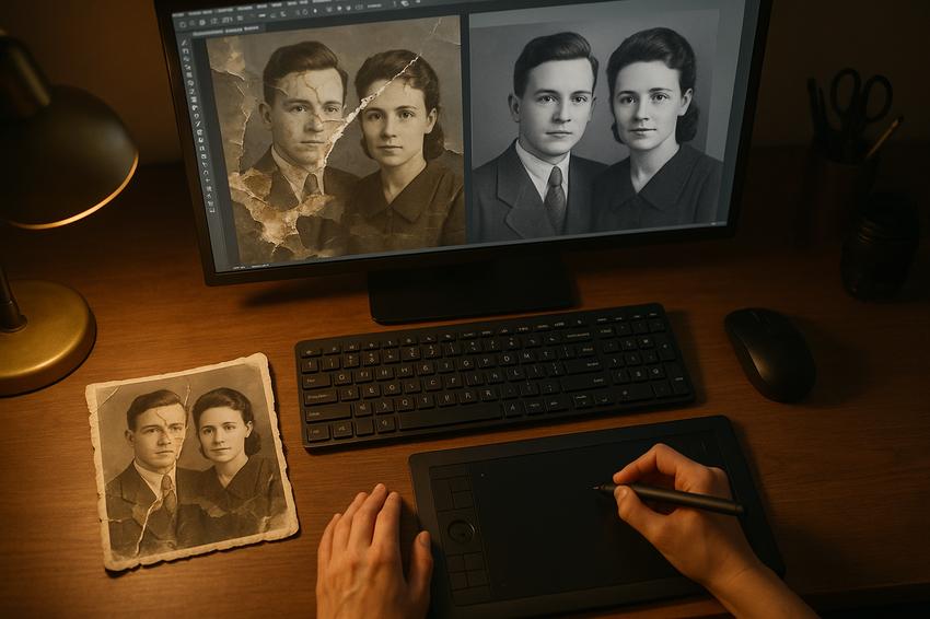 Step-by-step reconstruction of a damaged photograph section showing how missing areas are carefully rebuilt by a professional restorer