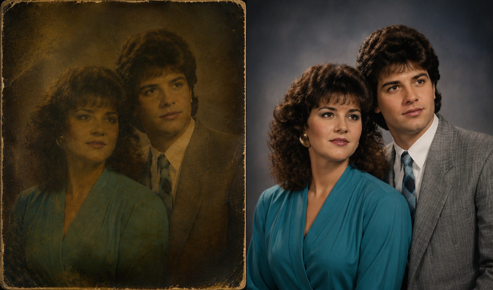 1980s couple portrait restored from faded original to vivid color and detail by Forever Studios