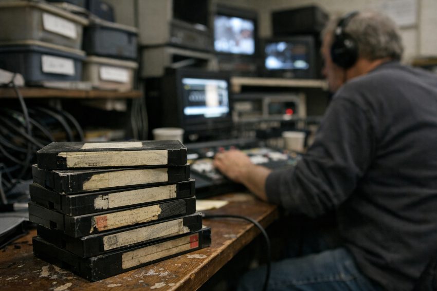 Stack of aging VHS tapes with faded labels stored for decades