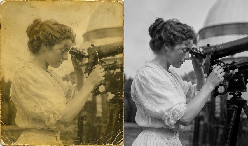 Before and after example of a yellowed, faded family photo restored to neutral color by Forever Studios