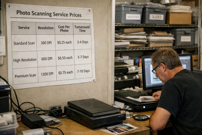 Comparison table of photo scanning service prices, resolution and turnaround times