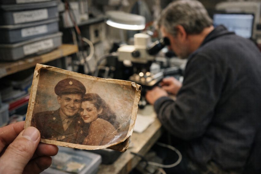 Close-up of fragile vintage photograph with curled edges and faded colors