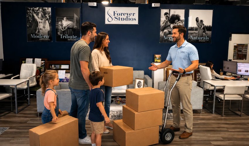Family photo albums safely packed for shipping next to local studio drop-off counter