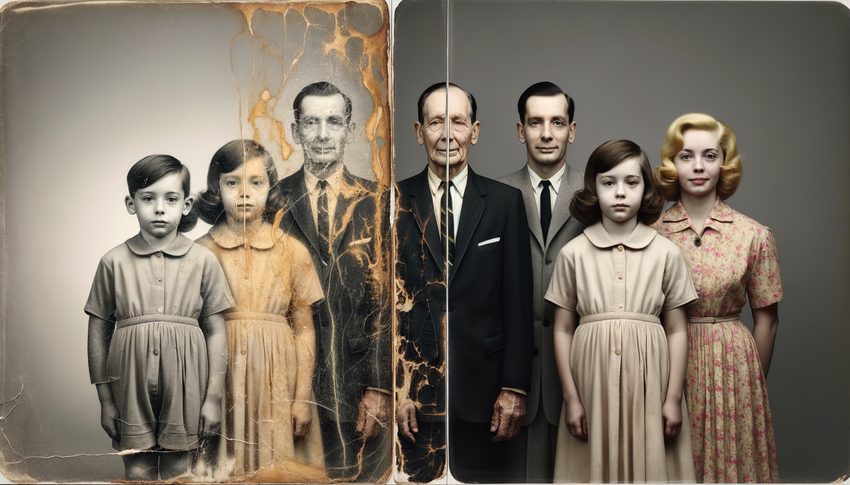 Split-view comparison showing a severely faded vintage family portrait before and after professional photo restoration, with detail and color fully recovered on the right side